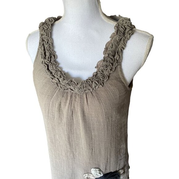 Blue Bird Women's Dress Sz M Sleeveless Beige Ruffle Cotton Gauze Trim Applique - Picture 2 of 14